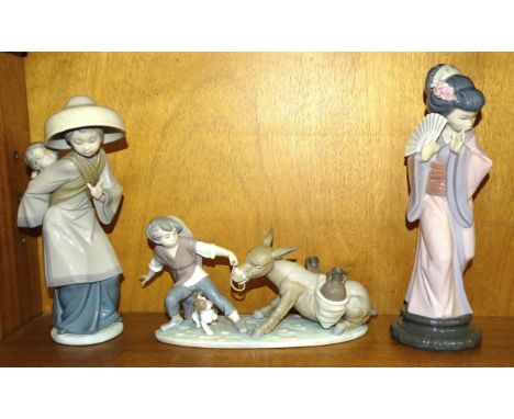 Three Lladro sculptures: Young boy with stubborn donkey, Chinese woman with child and a geisha with fan, (3). 
