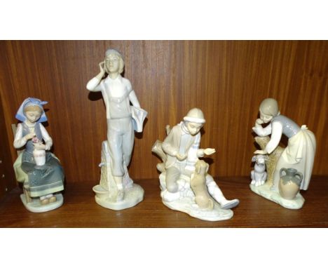 Two Lladro figurines: 'Young girl seated with vase of flowers', (a/f) and 'Young girl patting the head of a dog', a Nao figur