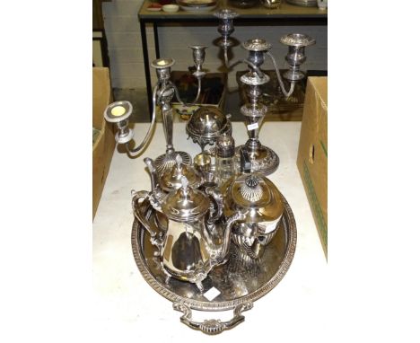 A small collection of plated ware, including a four-piece tea service, candelabrum, etc. 