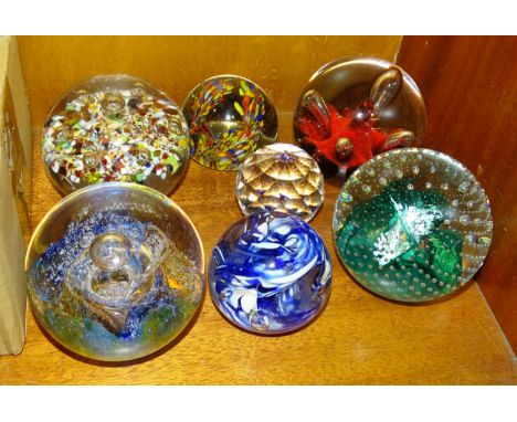 Three Caithness glass paperweights: Cosmos, Moonflower and Cauldron, four other glass paperweights and a collection of glass 