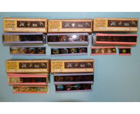 Five boxes of "Indcol Coloured Lantern Slides", 80 in all, (one broken), each approximately 2.5 x 10cm. 
