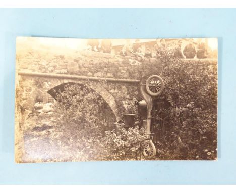 A W R Gay RP postcard of a car accident at Brent Mill Bridge, an army service car plunged 15' down to the river and another o