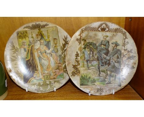 Two 19th century cardboard plates decorated with prints of paintings after Arthur and Harry Payne, The Coronation of Queen Vi