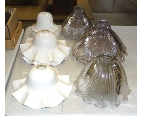 A collection of 1930's and later glass light shades, five clear and six opaque, together with three other damaged examples.