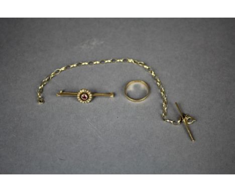15ct gold garnet & pearl bar brooch  & quantity of gold jewellery
