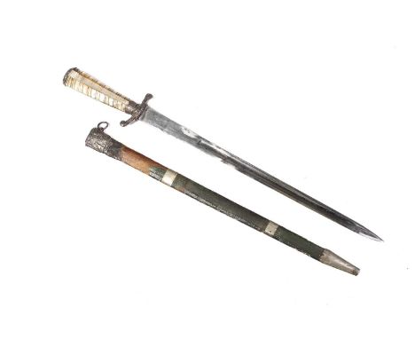 A French 18th-century silver mounted hunting short sword with a wrythern mother of pearl grip and "S" shaped quillion, fitted