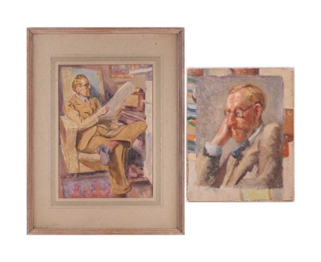 Alec Cotman (1907-1981), 'Self Portrait Seated Reading a Newspaper', watercolour, 51cm x 36cm and another self portrait, oil 