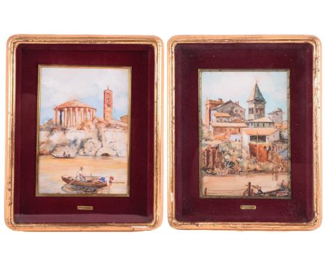 P. T. Counis (20th century Italian?), Italian topographical river scenes, a pair, bodycolour on ceramic, 19 x 13 cm, framed a
