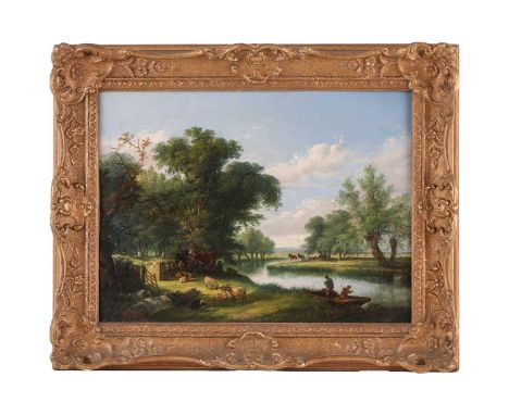William Shayer (1811-1892) British, Rural Riverscape, oil on canvas, 29 cm x 39 cm in a gilt frame.Relined canvas with retouc