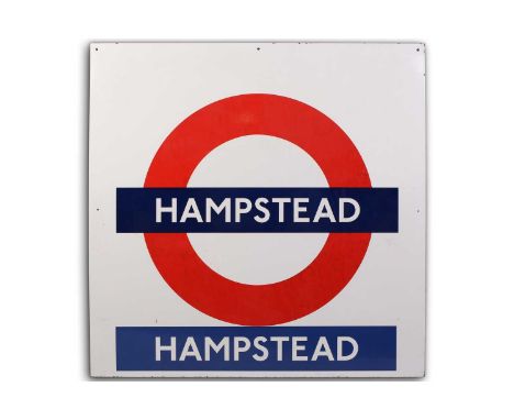 A large contemporary TFL enamel railway station sign, for 'Hampstead', 126.5 cm x 127 cm.Private collection.