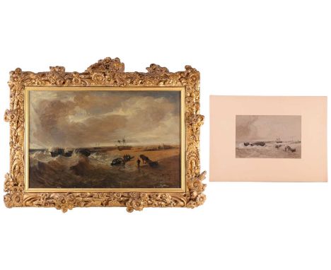 Miles Edmund Cotman (1810 - 1858) 'Wreck on Yarmouth Beach', oil on canvas, applied and typed label verso for ' Norwich Castl