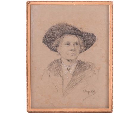 Kathleen Emily Temple Bird (1879 - 1962), portrait of Miss Bidwell as a Suffragette, signed, charcoal &amp; chalk sketch, cir