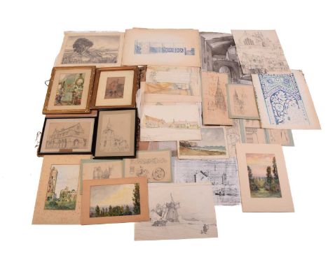 Henry William Cotman (1876-1938), a marbled portfolio of loose pencil sketches and watercolours comprising landscapes and arc