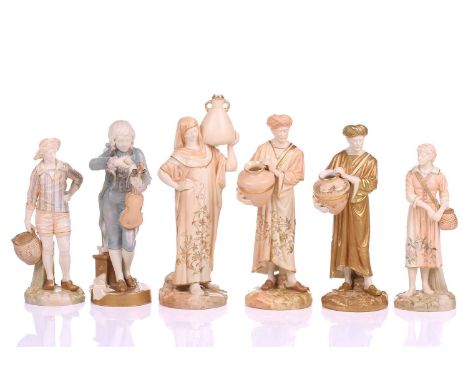 A collection of Six James Hadley for Royal Worcester, stained ivory and shot silk porcelain figures, early 20th century, the 