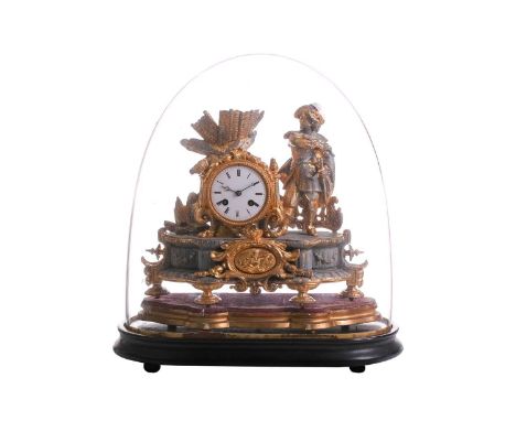 A late 19th century French parcel gilt spelter clock, depicting a nobleman standing beside a drum holding the enamel dial and