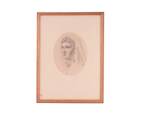 Attributed to Anthony Frederick Sandys (1829 - 1904), 'Miss Hands', pencil/charcoal sketch with watercolour, mounted oval, in