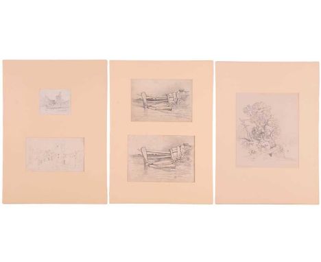 John Joseph Cotman (British, 1814-1878), five pencil sketches, 'Study of a Tree beside the Thames', two views of Caister each