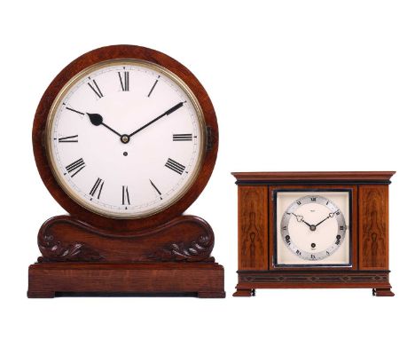 A Victorian oak single fusee mantle timepiece with carved "drum-head" case and a simple unnamed Roman dial on a plinth base w