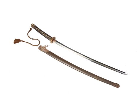 A Japanese World War II, Shin Gunto officers sword, with ray skin and cord-bound tsuka, gilt bronze tsuba, the blade with a c