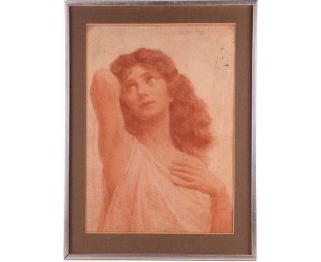 P.H. Millet (19th century), Pre-Raphaelite style portrait of a lady in a robe, signed top right, red chalk drawing, 58 x 41 c