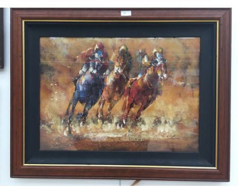 Circle of Graham Isom (b.1945): Horse racing study, oil on board, indistinctly signed 