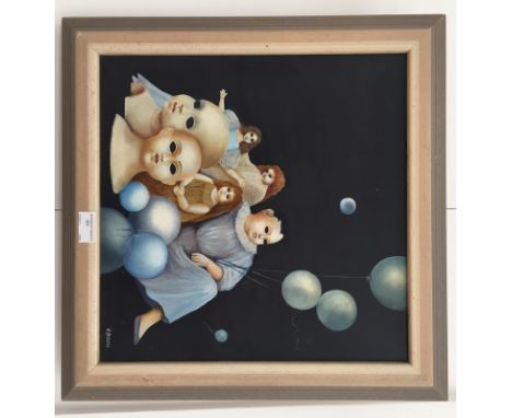 K Hauke (20th century): A Surrealist study depicting figures with balloons, oil on board, signed
