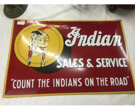 An enamel sign of a Red Indian: "Indian Sales and Service"