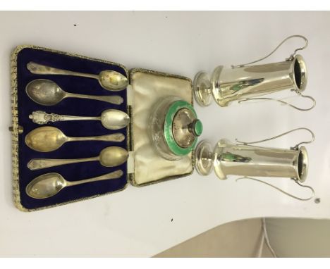 A pair of hallmarked silver Art Nouveau vases (Birmingham 1913); together with six silver teaspoons and a silver & enamel fou