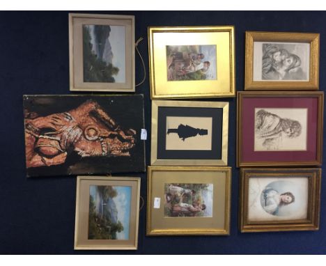 A quantity of pictures to include portraits/figural subjects, Old Master prints, silhouette, Birket Foster lithographs, pair 