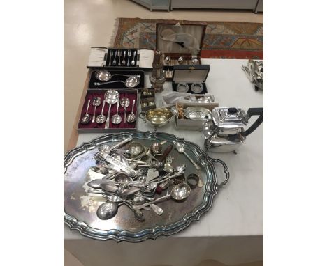 A quantity of EPNS to inc tray, tea service, flatware, pewter, and boxed flatware