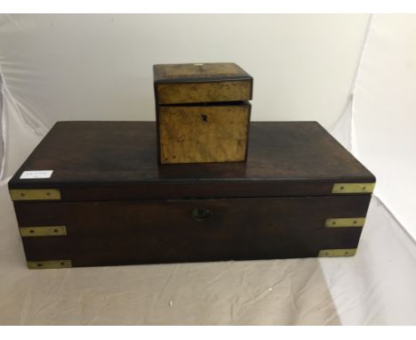 A 19th century parquetry tea caddy; together with a campaign writing slope (A/F)