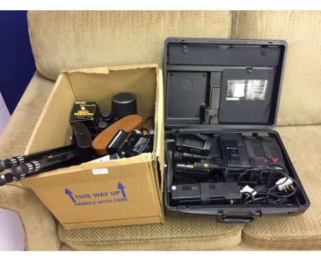 A quantity of cameras and binoculars; together with a cased video camera