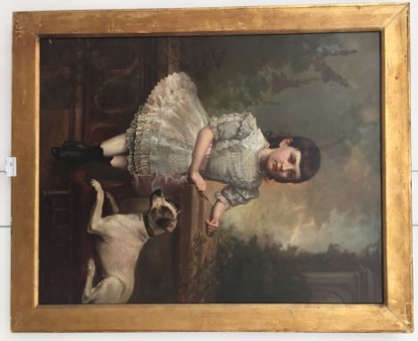 English School (19th century):Portrait of a girl & her pet dog, oil on canvas, 69 x 54 cm