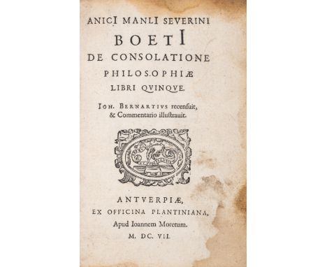 Boethius (Anicius Manlius Severinus) De Consolatione Philosophiae, some damp staining to margins, some light wormholing to lo