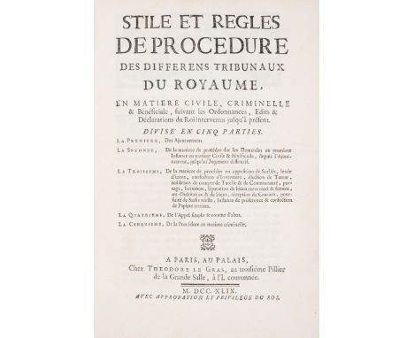 Stiles et Regles de Procedure des Differens Tribunaux du Royaume, first edition, contemporary ink inscription to front free e