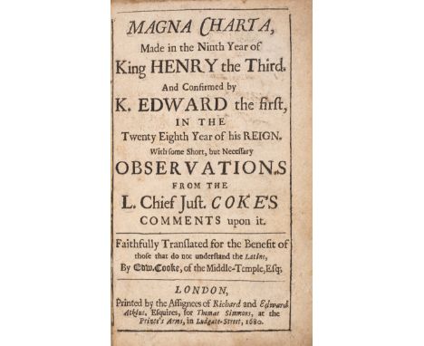 Cooke (Edward, translator) Magna Charta, Made in the Ninth Year of K. Henry the Third..., marginal repair to C2, 20th century