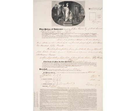 Folder of Fire Insurance Documents, c.30 contracts, posters, charts, receipts and other related ephemera,  engraved vignettes