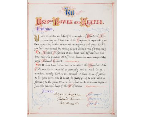 Calligraphic manuscript.- To Mess.rs Bower and Keates, calligraphic testimonial manuscript on paper, 60ff., with decoration i
