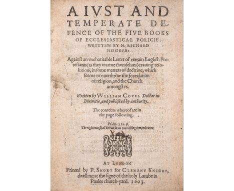 Covell (William) A iust and temperate defence of the fiue books of ecclesiastical policie: written by M. Richard Hooker: agai