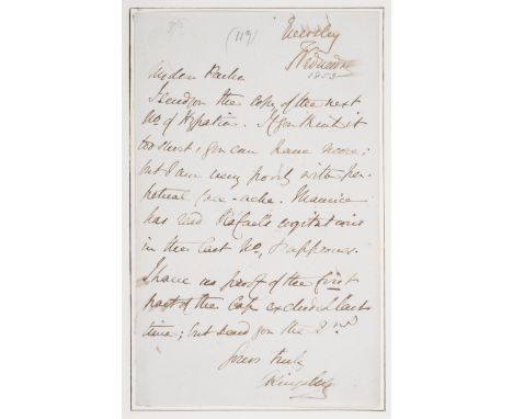 Kingsley's first novel.- Kingsley (Charles, novelist, Church of England clergyman, and controversialist, 1819-75) Autograph L