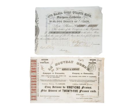 America.- Mining.- California gold rush.- Share certificate for the Ave Maria gold quartz mine, ink signatures, 165 x 235mm.,