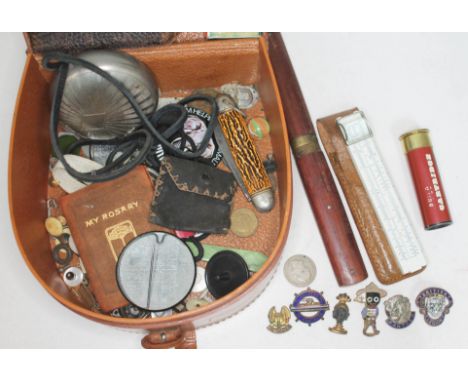 A mixed lot to including a pull out knife and fork, a 'Cartridge' telescope, various badges, a William IV 1834 shilling and o