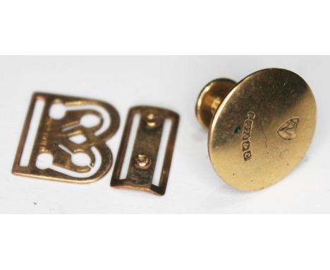 A hallmarked 9ct gold button and two other watch strap buckles marked '9ct', wt. 2.90g.  