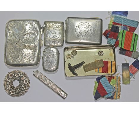 Hallmarked silver comprising a cigarette case (as found), a pencil holder and two vesta cases, together with a white metal bu