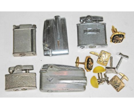 An Elstra-Lite vintage lighter and four other lighters together with some cufflinks.  