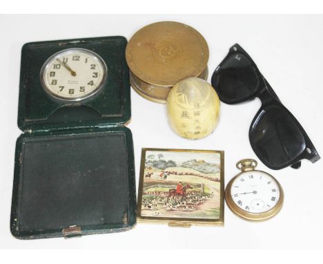 A mixed lot comprising a travel clock, a brass trinket box, a Smiths pocket watch, a vintage compact with hunting scene top a