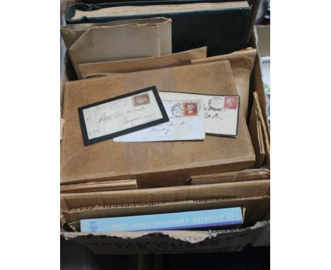 A box containing stamps in albums and loose. A vintage Simplex album contains many pre WWII from around the world, including 