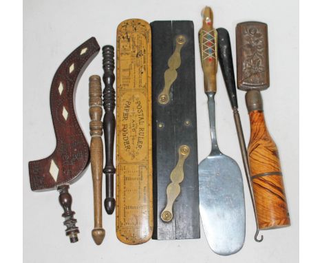A mixed lot of treen including an early Victorian pique and bone inlaid knitting sheath monogrammed 'AR Aged 6' and dated 184