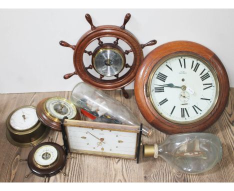 A mixed box including mantle clocks, wall clock, ship in a bottle, barometers etc  