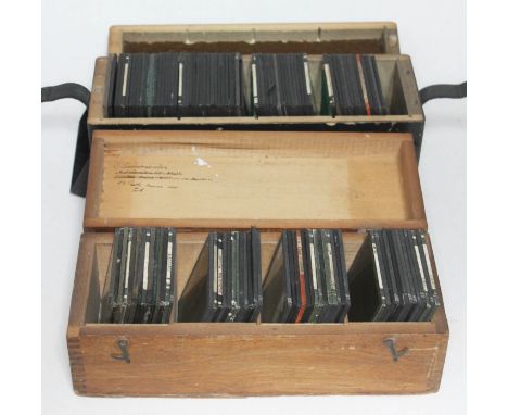 Two boxes of magic lantern type projector slides, various subject matter.  